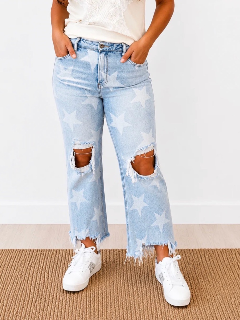 RISEN High-Waist Light Blue Star-Print Crop Jeans